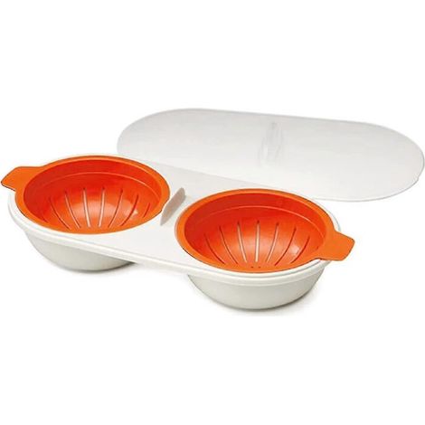 1 moule à œufs, cuiseur à œufs avec égouttoir, cuiseur à œufs double, ustensile de cuisine (rouge) (1/2)