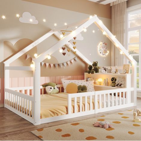 Lit enfant 140x190 cm blanc – cabane avec rangements et LED, sans matelas (1/5)