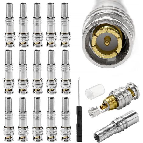 15 Pièces Connecteurs Coaxiaux Mâles BNC, Prise BNC Mâle sans Soudure à Vis RG59 RG6 Cable Coaxial Connecteur, Prise Q9 vers Câble Coaxial RG59 pour Caméra de Surveillance, avec Tournevis (1/5)