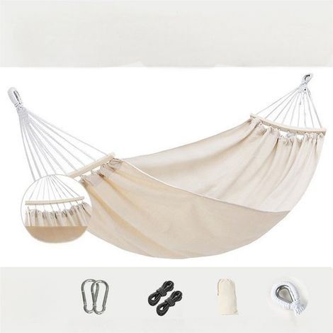 Hamac double anti-roulis, 190 x 150 cm, charge maximale 300 kg, avec sac de rangement, sangles de tension, boucle à bec de canard et mousqueton, pour jardin, terrasse, balcon, camping, extérieur, beig (1/5)