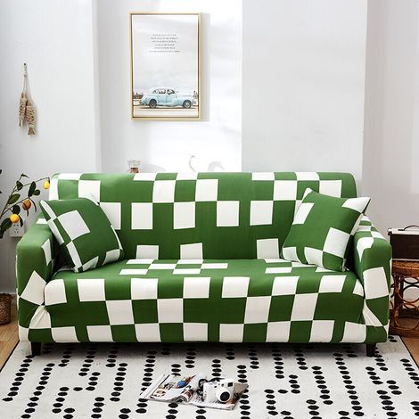 Housse de canapé 2 places, 140-180 cm, moderne avec accoudoirs, extensible universelle, protection de canapé, motif quadrillé vert et blanc (1/4)