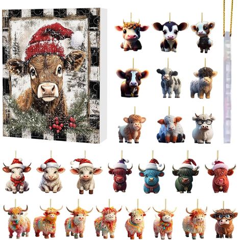 Calendrier de l'Avent 2024, Calendrier de l'Avent Vache des Highlands 2024, Compte à rebours de Noël de 24 jours avec décorations en acrylique représentant des vaches des Highlands (1/5)