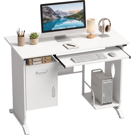 Bureau informatique - HOMCOM - tablette clavier coulissante - tiroirs et support d'unité centrale - bois - 100x52x75cm - blanc (1/5)