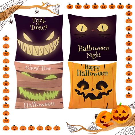 Set mit 4 Halloween-Kissenbezügen, lustige Kissen in Form von Halloween-Logos, die im Dunkeln leuchten (45x45 cm) (1/4)