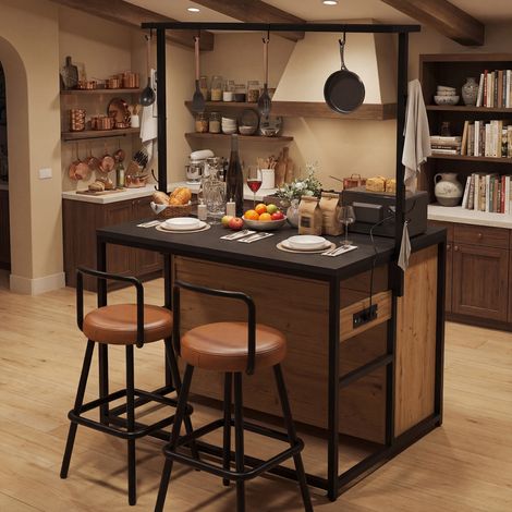 Îlot de cuisine avec 2 tabourets, meuble de cuisine avec prise électrique et tabourets de bar assortis, aspect bois/noir, pour cuisine et salle à manger (1/4)