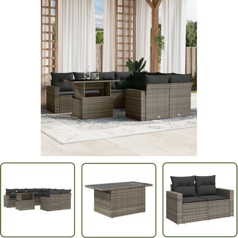 The Living Store 9-tlg. Garten-Sofagarnitur mit Kissen Grau Poly Rattan - Gartenmöbel Set - PE-Rattan Möbel - Outdoor Lounge - Gartenecke - Terrassenset (1/5)