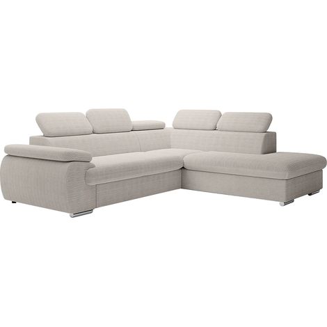 Vente-Unique – Canapé d'angle droit convertible 5 places en velours côtelé beige – Coffre de rangement intégré – 5 têtières réglables – Fabrication éco-responsable (1/5)