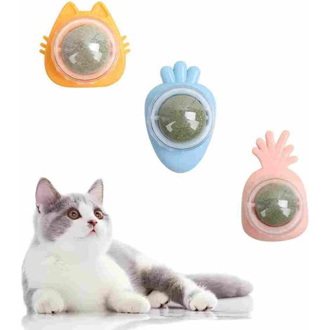 3 Pcs Jouets de Boule d'herbe à Chat Boule d'herbe à Chat Rotative à 360° Boule D'énergie Chat à Lécher Auto-Adhésive Jouets de Nettoyage des Dents d'à Chat pour Jouet Interactif pour Chat (1/5)