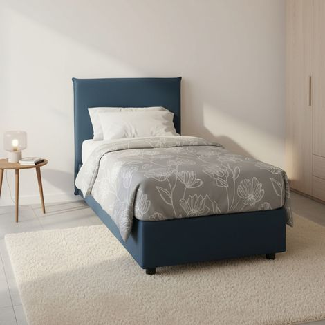 Talamo Italia Letto singolo Cassiopea, Letto contenitore con rivestimento in tessuto, 100% Made in Italy, Apertura frontale, adatto per materasso Cm 80x200, Blu, con imballo rinforzato (1/5)