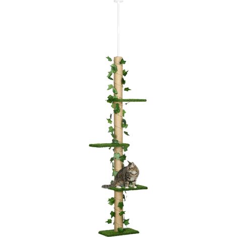 Árbol rascador para gatos de techo 202-242 cm ajustable con yute y anticaída verde (1/5)