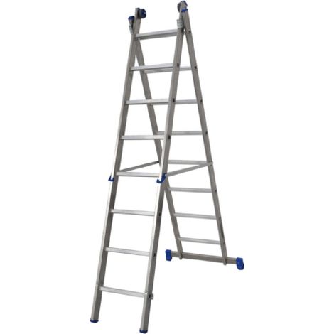 E'chelle bleue professionnelle a' deux sections en aluminium 10+10 marches hauteur min/max 300/500 cm avec base stabilisatrice