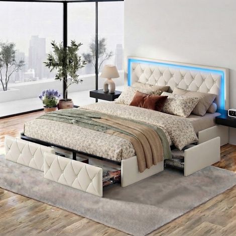 Lit double 140x200 cm avec sommier, Lit capitonné avec tête de lit led, 4 tiroirs rangement, simili cuir beige, design moderne pour chambre (1/5)