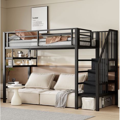 Letto rialzato bambini 90x200 cm, con scala contenitore, ripiani aperti e sponda di sicurezza, senza materasso, nero (1/5)