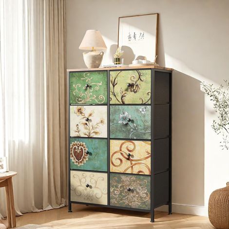 Commode, meuble TV, structure métallique, 8 tiroirs, tissu, tiroirs de salon à motif floral vintage, plateau en bois, convient pour chambre et salon (67 x 30 x 100 cm). (1/5)