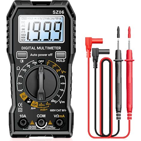 Multimètre numérique 600 V, voltmètre, testeur de continuité, avec support pliable et câbles pour tension CA/CC, courant CC, résistance, diode (1/5)