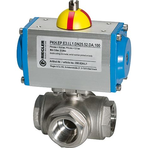 Riegler Edelstahl-Kugelhahn, pneumat. Stellantrieb doppeltwirkend, L-Bohrung, Rp 1 (1/4)