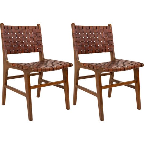 RIMINI - Lot de 2 Chaises en Teck et Lanières Cuir Marron (1/5)
