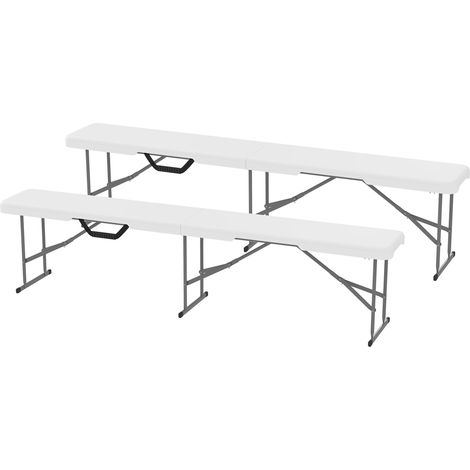 Banc pliant métal HDPE lot de 2 avec poignée transport Blanc 182 x 28 x 42 cm