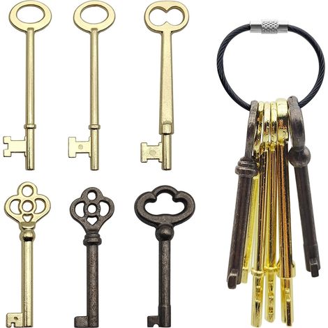 Ensemble de clés squelettes, 6 pièces de clés squelettes à corps creux avec porte-clés en corde métallique, kit de clés antiques vintage pour meubles vintage et serrures (1/5)