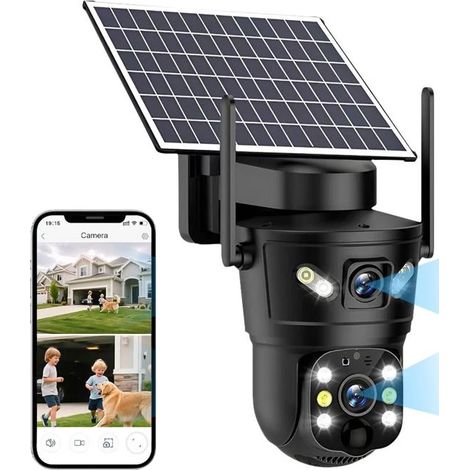 Caméra Surveillance WiFi Extérieure sans Fil, 2.4GHz WiFi Camera avec Panneau Solaire, 2K Vision Nocturne Couleur, PIR Sirène, Noir