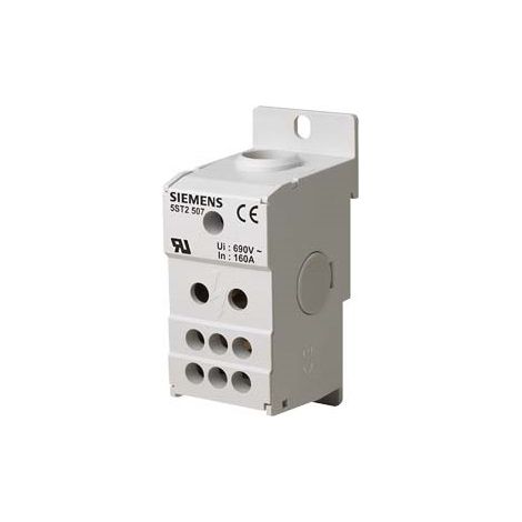 Blocco Distributore a 1 polo, 160A, 690V ingresso: 1x 10-70mm2 uscita: 6x 2,5-16mm2 per montaggio su guida DIN