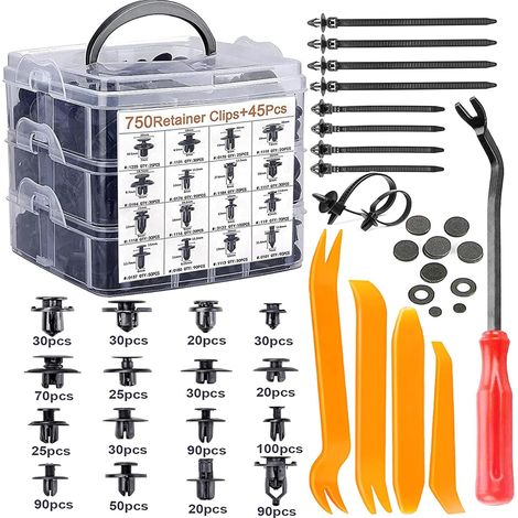 795 Pcs Rivet Clips Plastique Fixation de Protection Noir Universel pour Auto Voitures Panneaux de Portes avec Boîte De Rangement et Outil de Démontage (1/5)