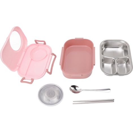 Boîte Bento Isotherme Acier Inox 1450ml Double Couche Compartiments pour École Rose (1/5)