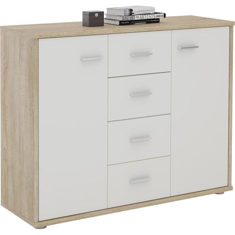 Idimex – Buffet ELODIE 70x89x30 cm – Chêne Sonoma/Blanc – 4 tiroirs et 2 portes – Surface résistante aux éraflures (1/4)