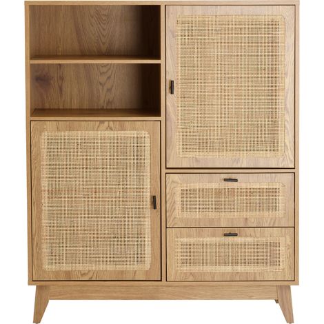 CALICOSY - Buffet haut 2 portes 2 tiroirs avec façades en rotin H120 cm - ALIA (1/5)
