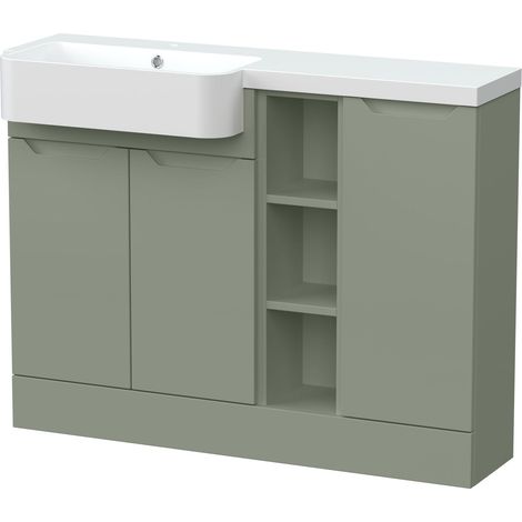 Teddesley Floor Standing Compact 3 Door Combination Vanity Basin Unit with Open Shelves and Basin, 1100mm, Left Hand, Fern Green