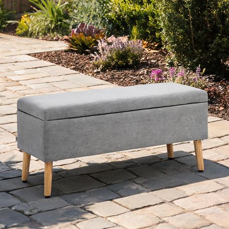 Banc de rangement scandinave en tissu lin gris avec coffre (1/5)