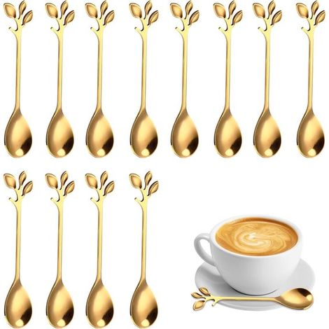 Set di 12 cucchiaini da tè in acciaio inox con lamina, mini cucchiaini da dessert con design a ramo, adatti per acqua, tè e latte (colore oro) (1/5)