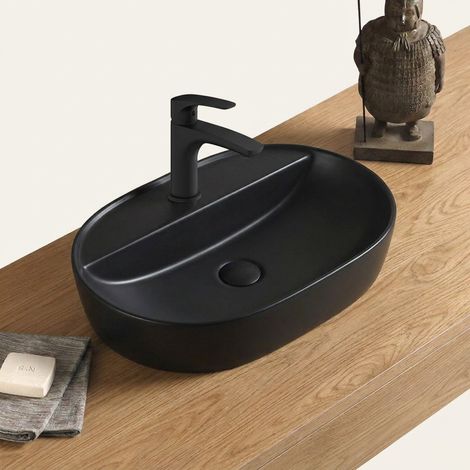 Vasque à poser ovale 60 x 40 cm - noir mat - avec trou de robinetterie - sans trop-plein - SAT Infinitio (1/5)