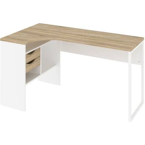 Plus Eckschreibtisch mit 3 Ablagen und 2 Schubladen, weiss und Eichenstruktur.