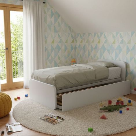 Letto singolo con letto estraibile, trasformabile in matrimoniale. Testate personalizzabili, reti in acciaio e doghe in faggio - Bianco