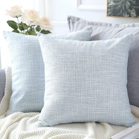 Lot de 2 housses de coussin en lin, bleu ciel 45x45 cm, pour canapé et décoration intérieure. (1/5)