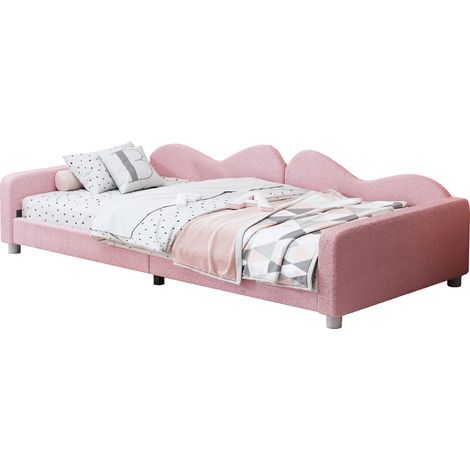 Lit enfant rembourré 90x200 cm convertible en canapé-lit, tissu bouclette rose avec tête et pied de lit, sommier à lattes, CHICFURN (1/5)