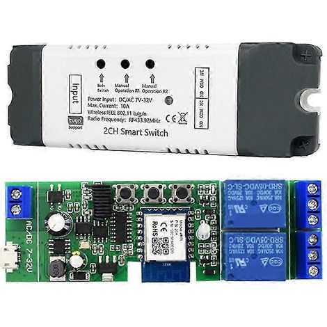 Module relais intelligent Tuya WiFi 2 canaux AC/DC 7-32 V avec télécommande sans fil RF/APP, compatible avec Alexa et Google Home. WHBYV (1/4)