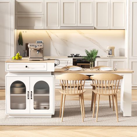 Isola cucina estensibile con ruote, LED, prese USB/Type-C, MDF bianco 200 cm (1/5)