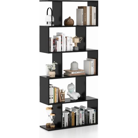 Scaffale a 5 ripiani con dispositivo antiribaltamento, Libreria geometrica a forma di S Nero (1/4)