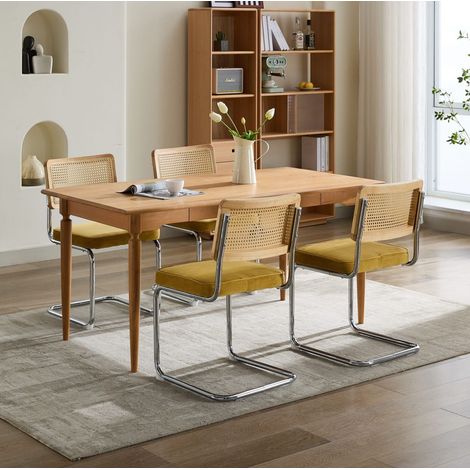 Chaise cantilever en velours doré avec dossier en rotin tressé,59×47×81cm (1/5)
