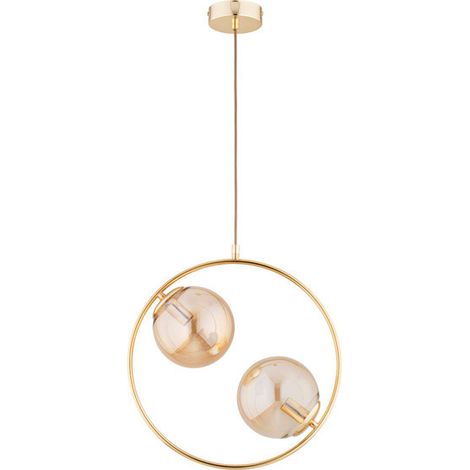 Alfa ADINO Modern Brass/Gold Ring Pendant Light with 2 Globe Shades, 2x E14 (max 10W) Dimmable Ceiling Hanging Lamp, H 85 cm, Dining Table/Island, 2-Light Metal, L 38.5 cm