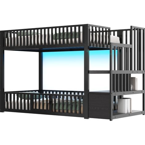 Lit superposé 90x200 avec escalier de rangement, LED, noir (1/5)