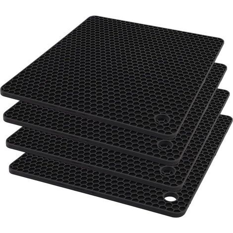 Set di 4 sottopentola in silicone resistenti al calore fino a 200°C, supporti rotondi antiscivolo per tavolo da cucina, facili da pulire, riutilizzabili, neri, 18 x (1/4)