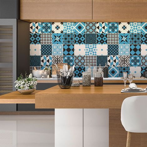 Sticker Mural Carrelage adhésif Cuisine Salle de Bain - 30 STICKERS CARREAUX DE CIMENT AZULEJOS TALIA - 30stickers15x15cm (1/5)