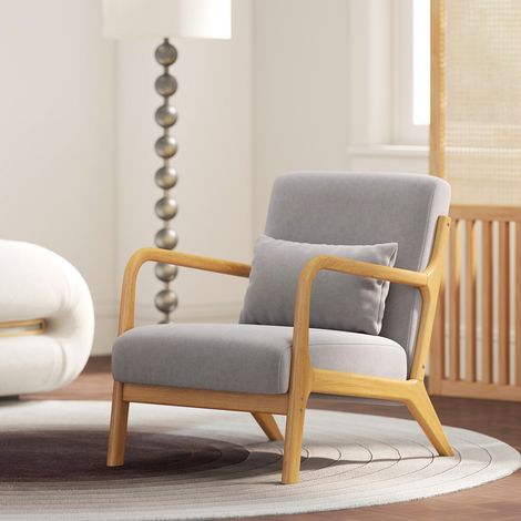 Fauteuil lounge - 3 coussins inclus - assise profonde - accoudoirs - structure bois hévéa - aspect velours gris