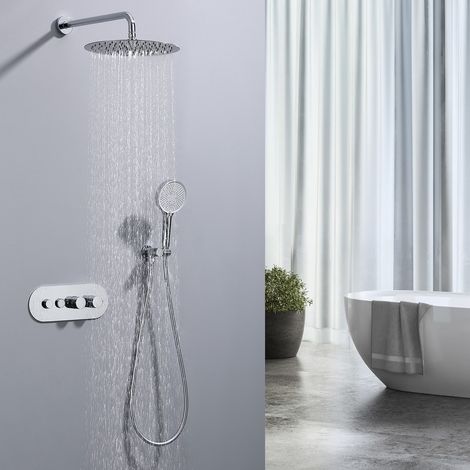 Sistema de Ducha Empotrado Cromado Termostático 40°C, Rociador 12" y Ducha de Mano 4 Funciones, Cuerpo de Latón con Caja de Empotrar, Doble Control, Set de Ducha (1/5)