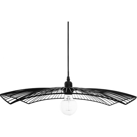Pegane – Suspension en métal filaire forme chapeau noir D.58 x H.9 cm – Câble L.95 cm – Douille E27 – Alimentation 220-240V (1/3)