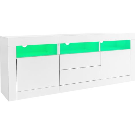 Mueble TV blanco brillo 160 x 35 x 60 cm con LED, 3 compartimentos, 2 puertas y 2 cajones (1/5)