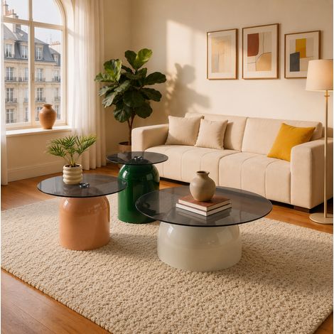 Set de 3 tables basses rondes 40/50/70 cm, verre trempé, acier brillant, multicolore MEUBLIV (1/5)